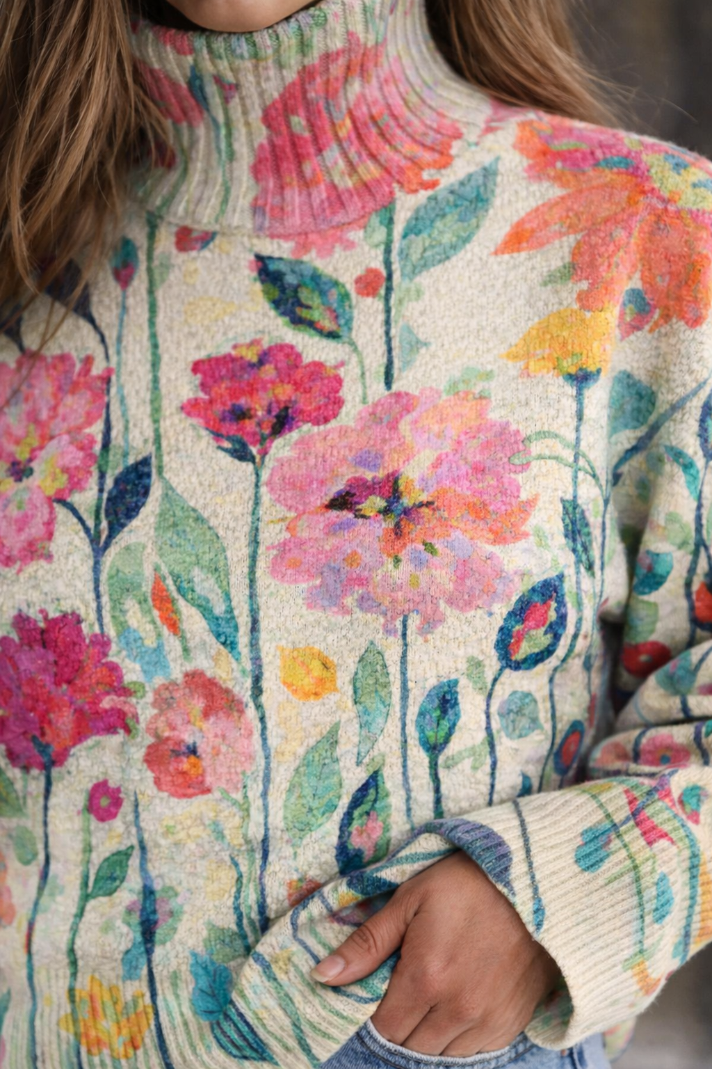 Bella | Retro Ethnic Floral Turtleneck