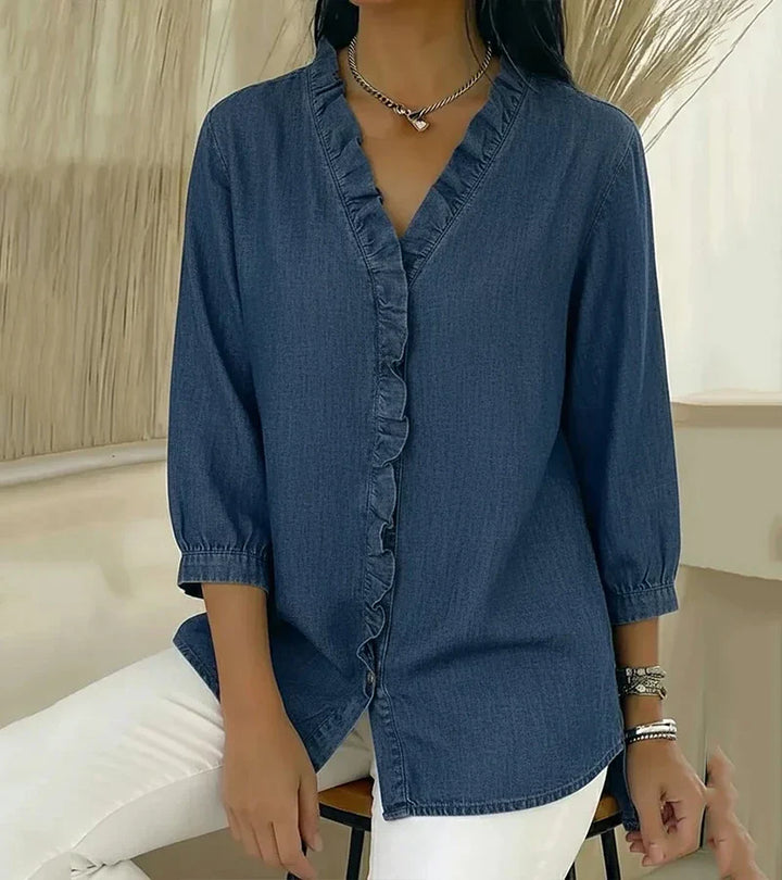 ADELE | Flowing Denim Blouse with V-Neck and Ruffle Detail