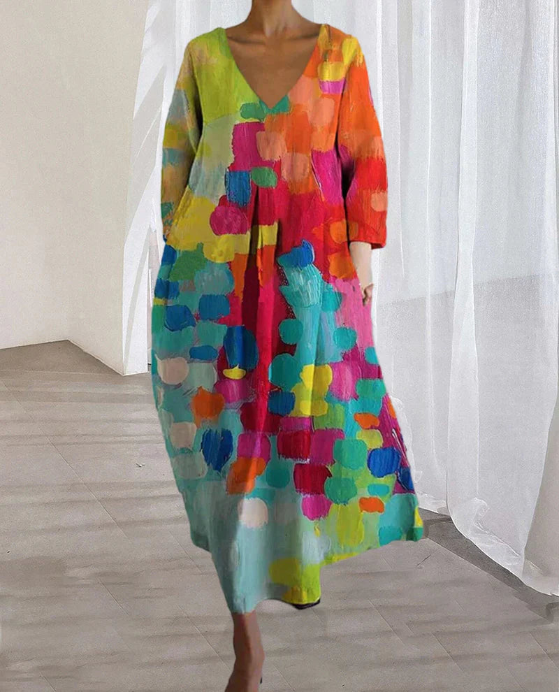 Thea – Colorful Printed Dress with a V-Neckline