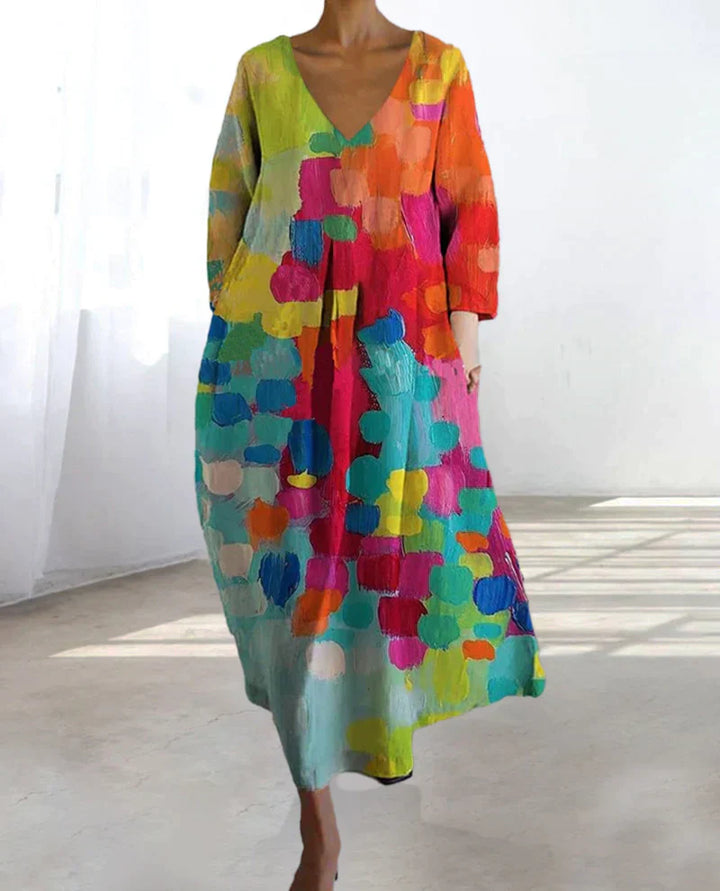 Thea – Colorful Printed Dress with a V-Neckline