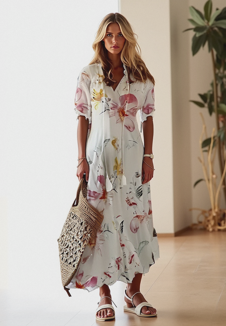 Bettina | Damen Kurzärmelig V-Ausschnitt Bohème Sommerkleid | Maxi