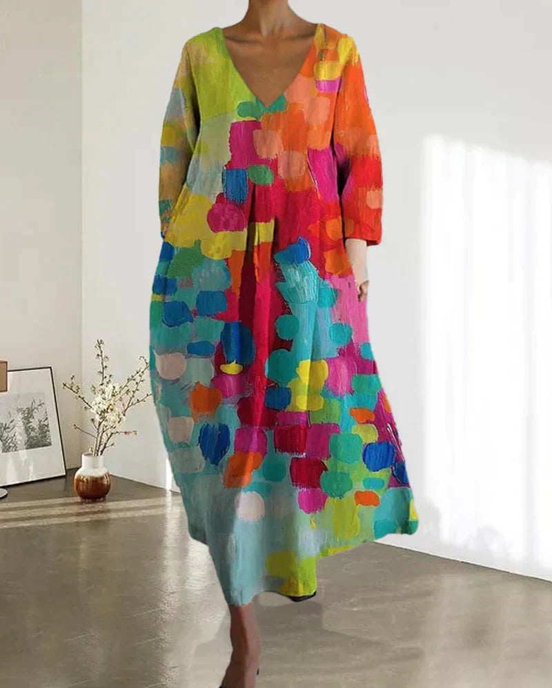 Thea – Colorful Printed Dress with a V-Neckline
