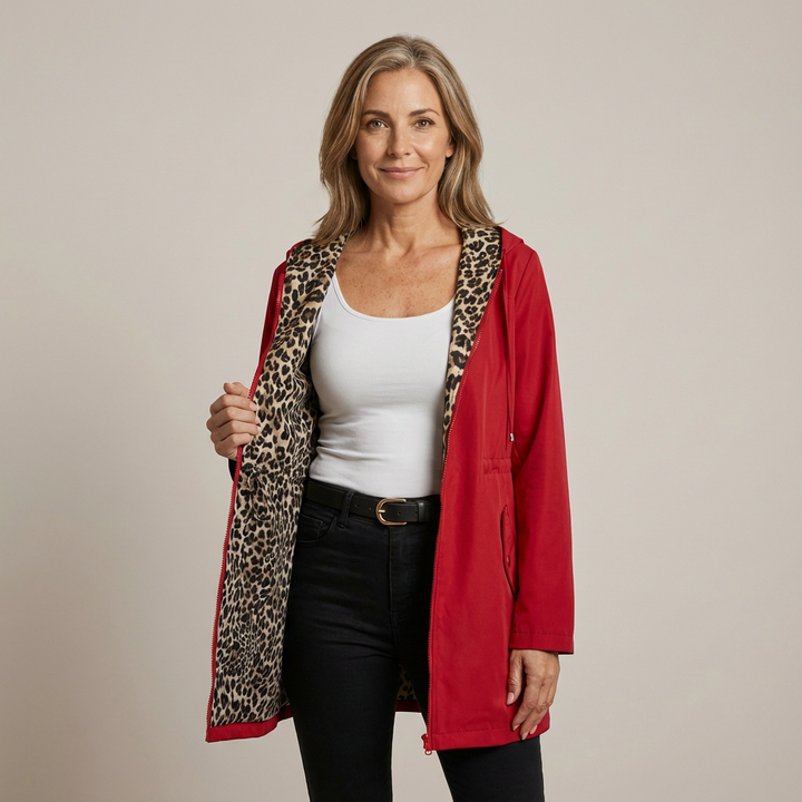 Reversible Hooded Coat with Leopard Print
