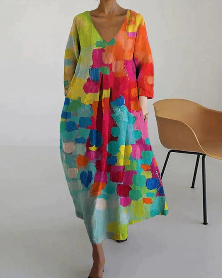 Thea – Colorful Printed Dress with a V-Neckline