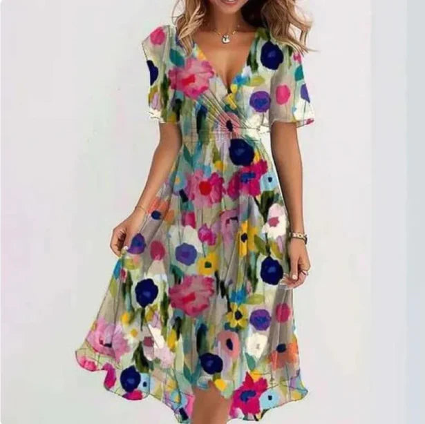Annegret | Women’s V-Neck Short Sleeve Summer Dress | Midi