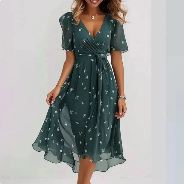 Annegret | Women’s V-Neck Short Sleeve Summer Dress | Midi