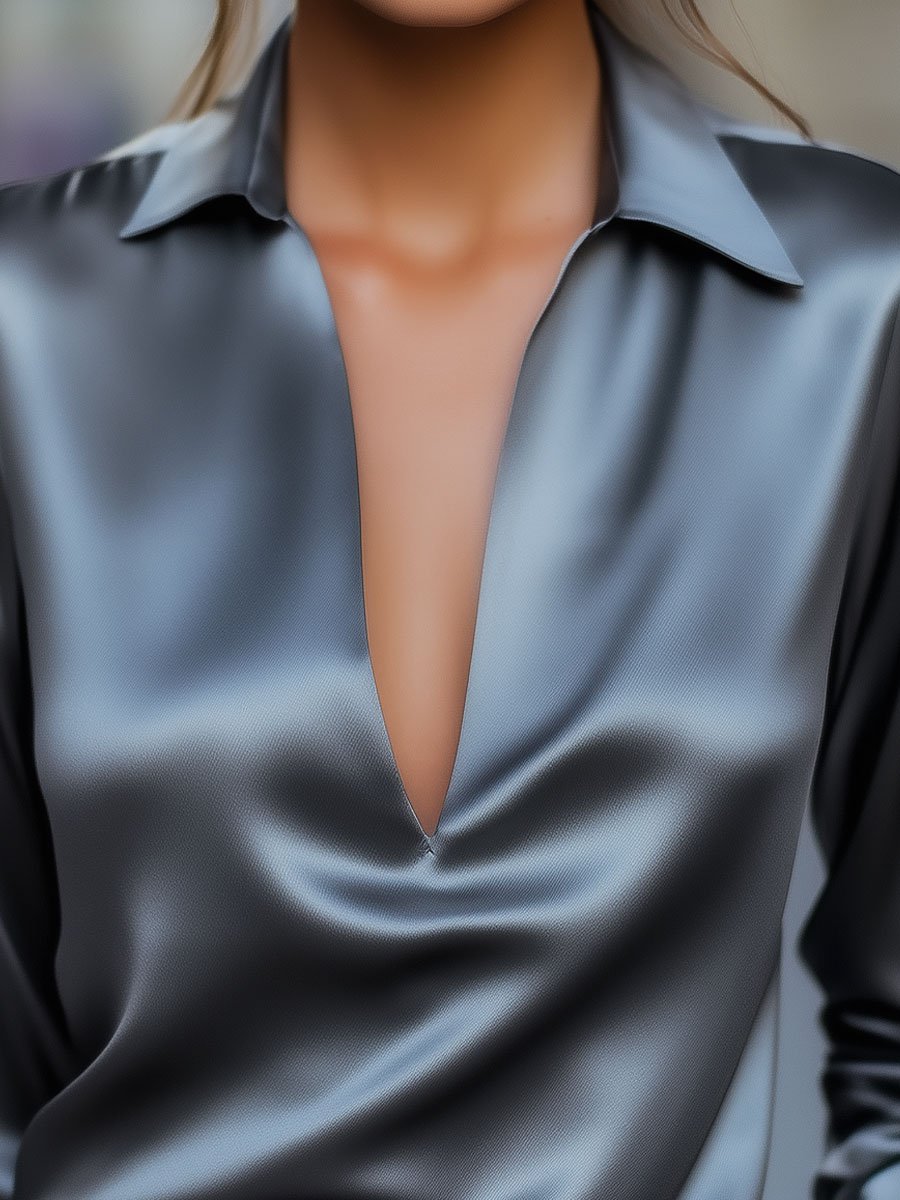 Luna | Silver V-Neck Blouse - Lumina