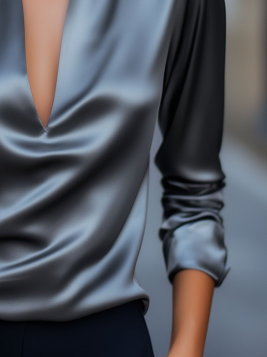 Luna | Silver V-Neck Blouse - Lumina