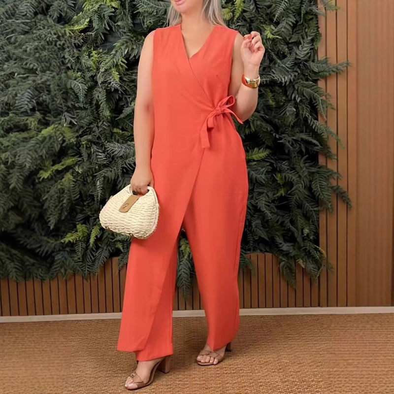 Mirabelle – Casual Solid Women’s V-Neck Jumpsuit with Tie Belt