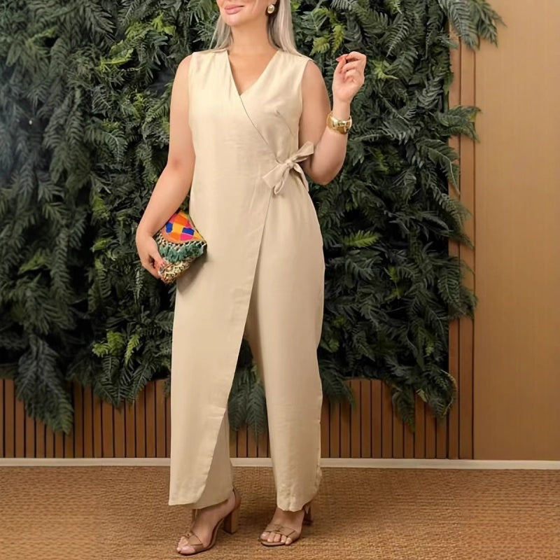Mirabelle – Casual Solid Women’s V-Neck Jumpsuit with Tie Belt