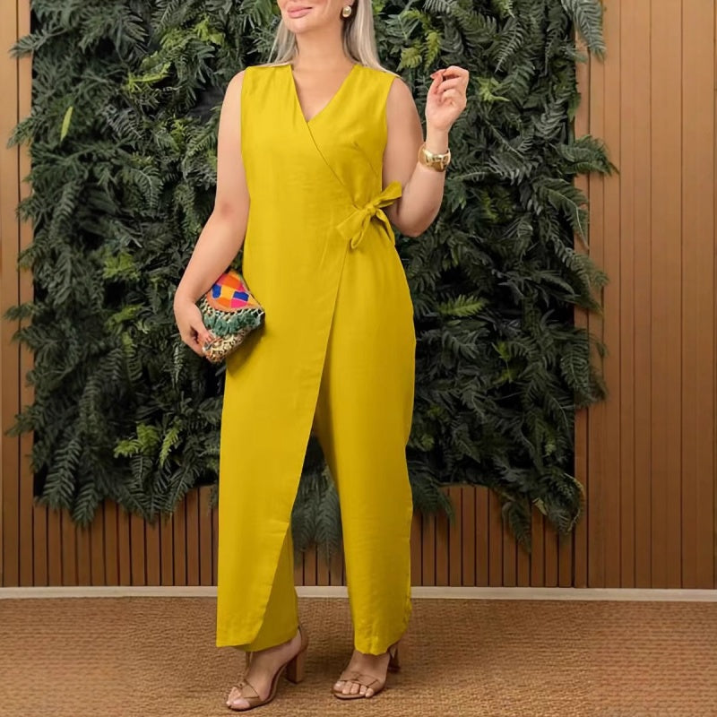 Mirabelle – Casual Solid Women’s V-Neck Jumpsuit with Tie Belt