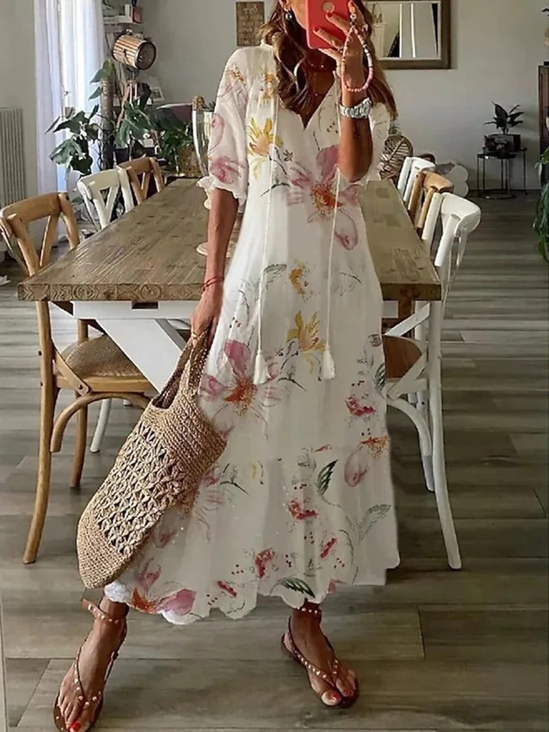 Bettina | Damen Kurzärmelig V-Ausschnitt Bohème Sommerkleid | Maxi