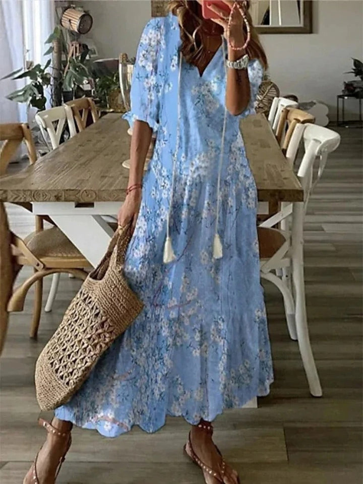 Bettina | Damen Kurzärmelig V-Ausschnitt Bohème Sommerkleid | Maxi