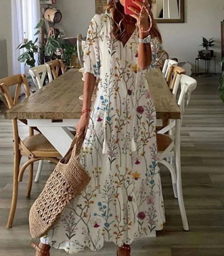 Bettina | Damen Kurzärmelig V-Ausschnitt Bohème Sommerkleid | Maxi