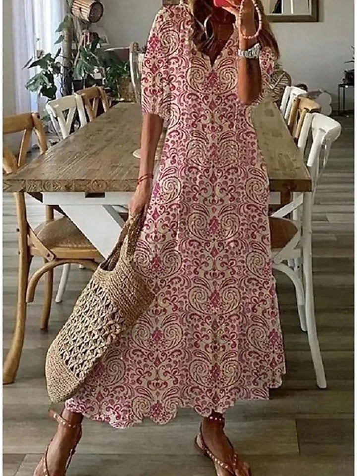 Bettina | Damen Kurzärmelig V-Ausschnitt Bohème Sommerkleid | Maxi