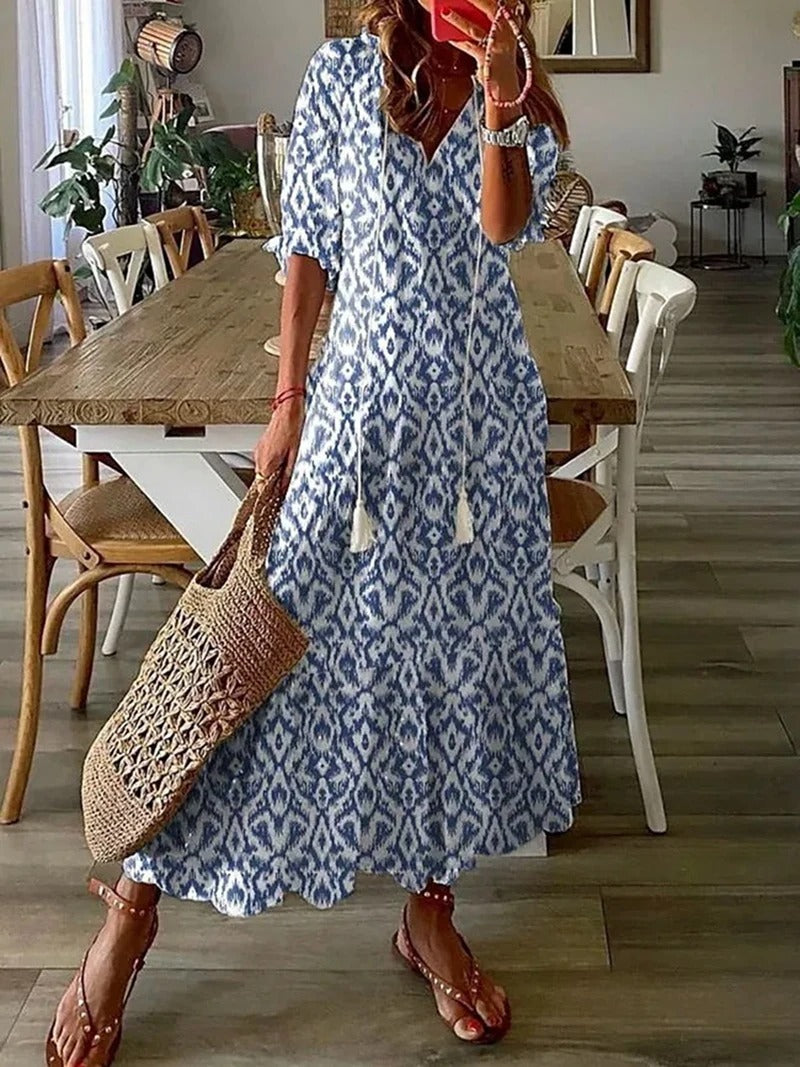 Bettina | Damen Kurzärmelig V-Ausschnitt Bohème Sommerkleid | Maxi