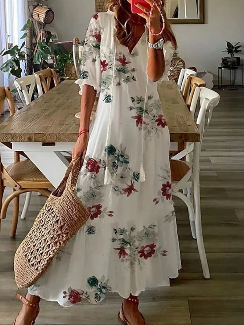 Bettina | Damen Kurzärmelig V-Ausschnitt Bohème Sommerkleid | Maxi